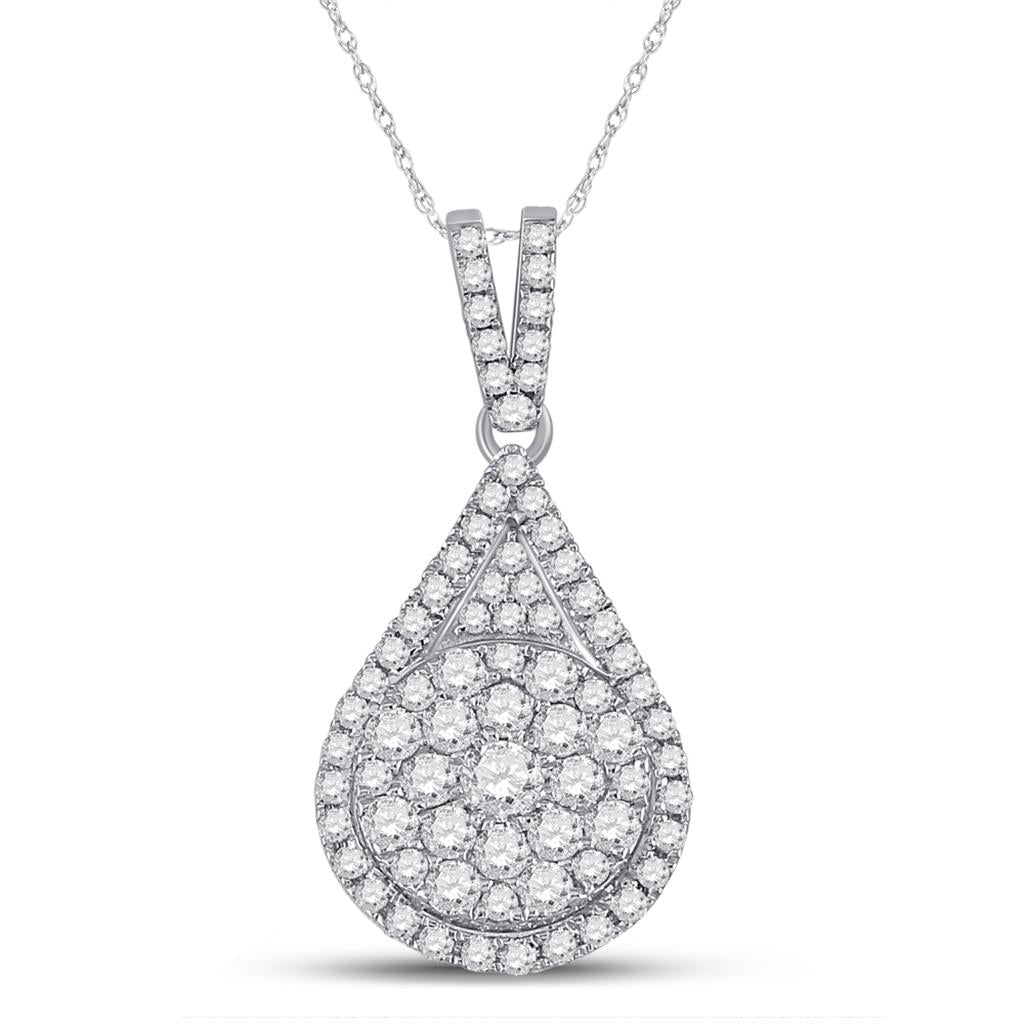 14k White Gold Round Diamond Teardrop Cluster Pendant 1 Cttw