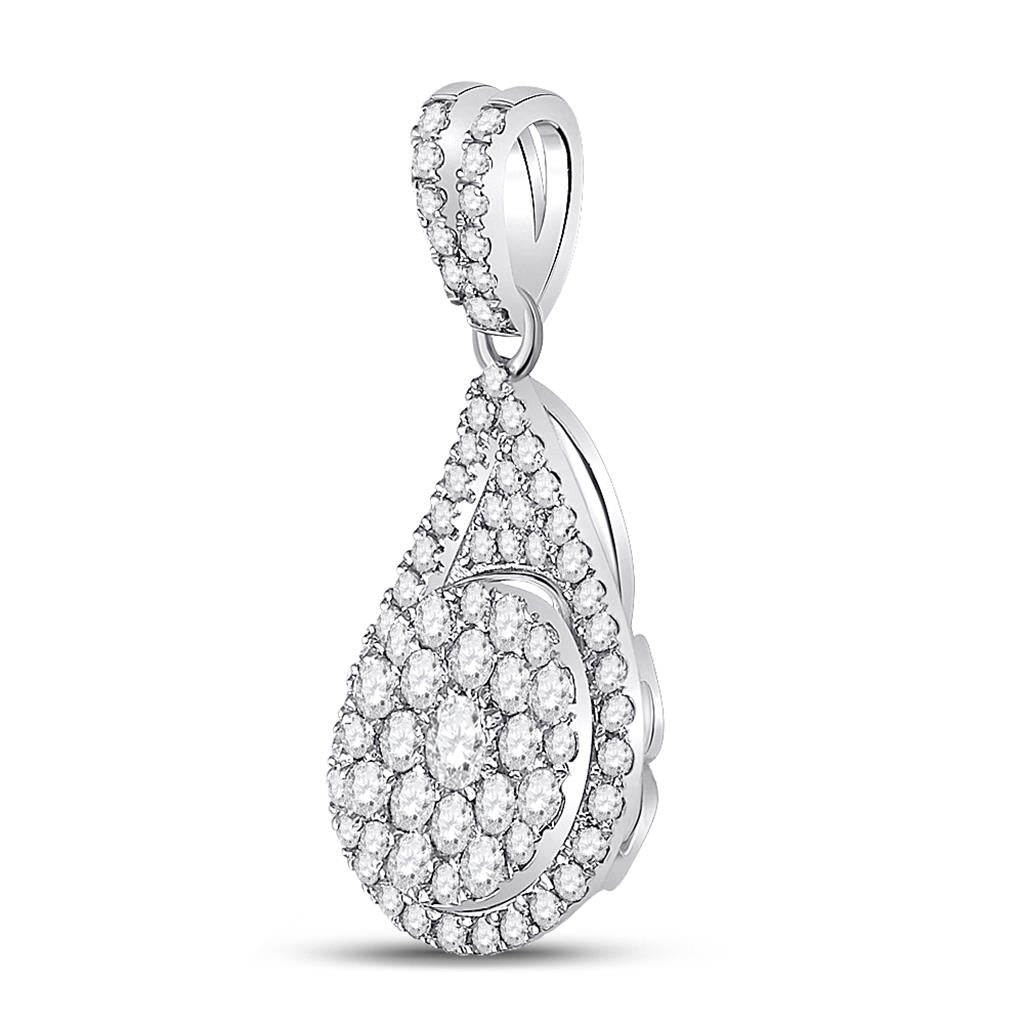 14k White Gold Round Diamond Teardrop Cluster Pendant 1 Cttw