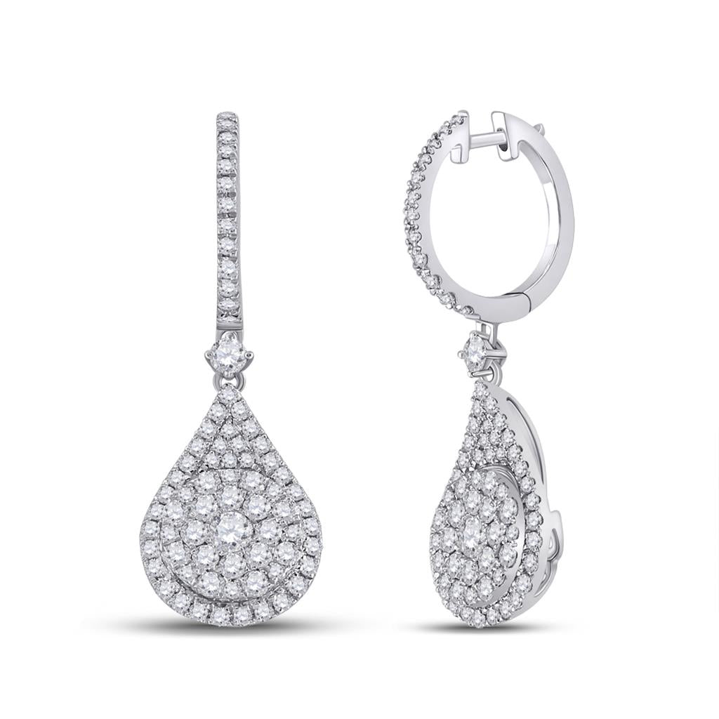 14k White Gold Round Diamond Cluster Teardrop Earrings 1-1/2 Cttw