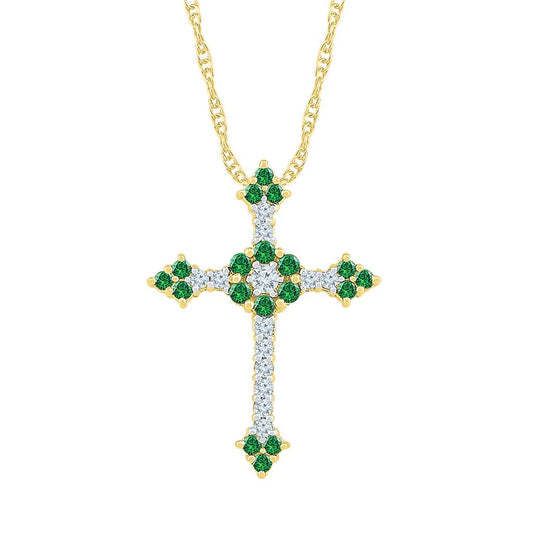 10k Yellow Gold Round Created Emerald Cross Pendant 7/8 Cttw