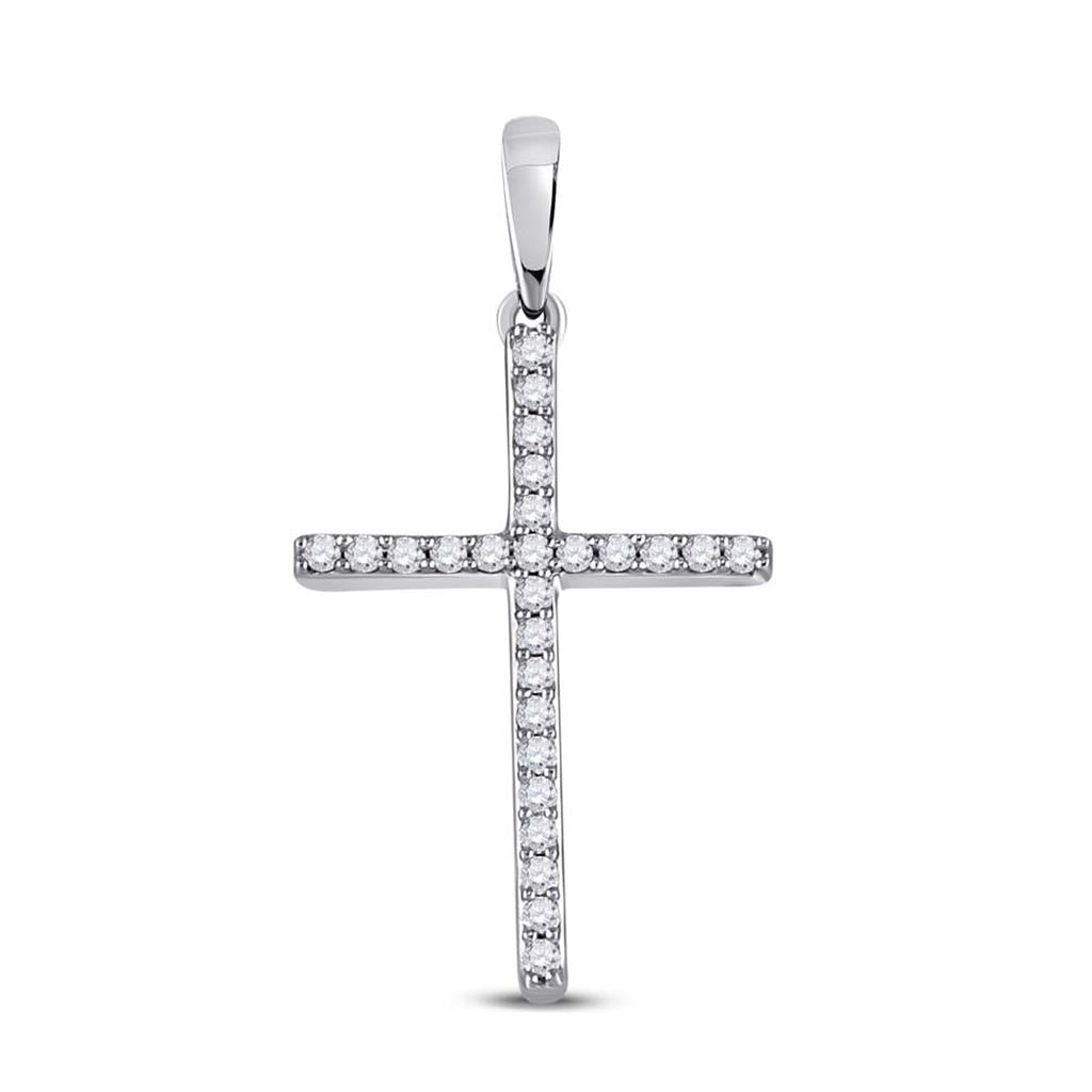 14k White Gold Round Diamond Religious Cross Pendant 1/8 Cttw