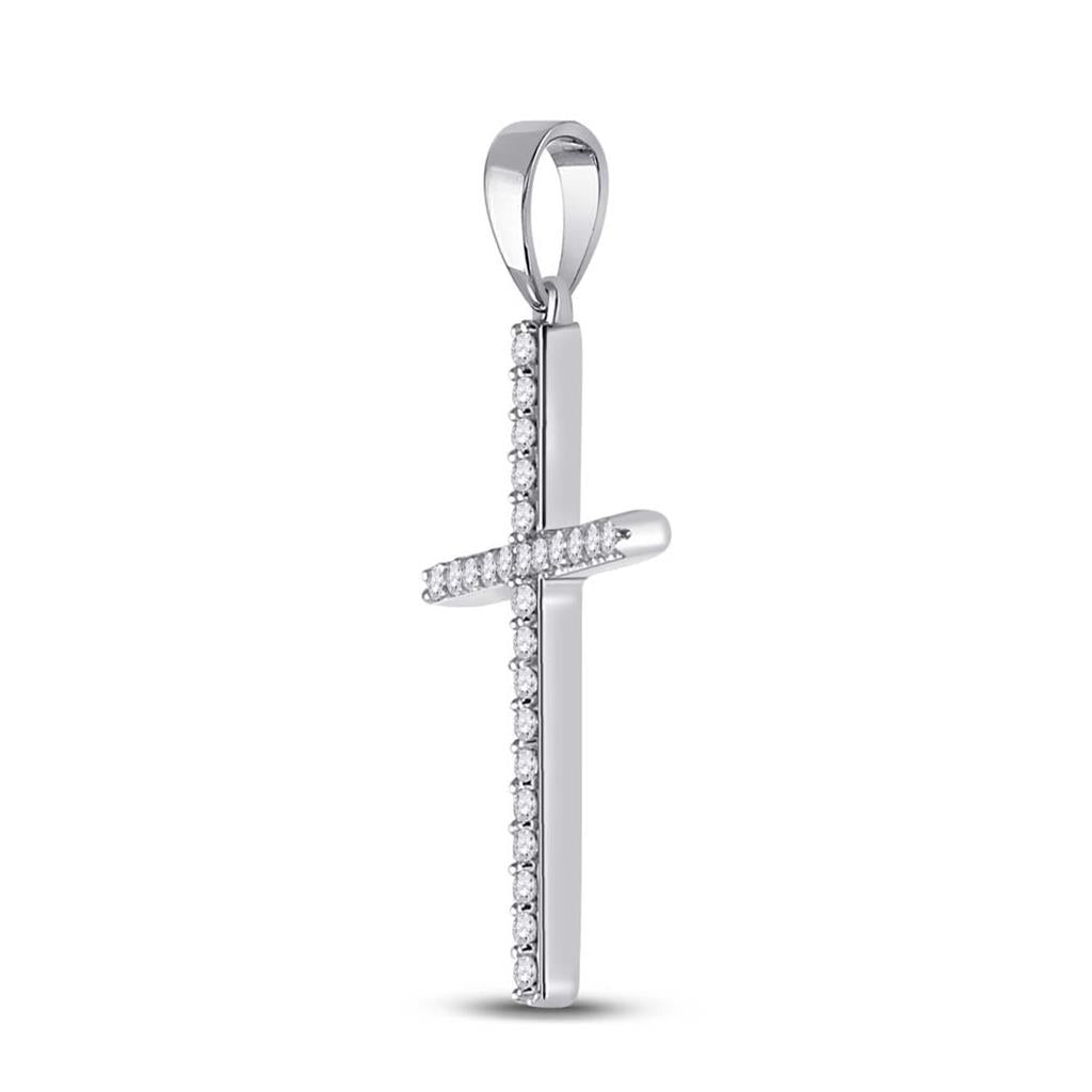 14k White Gold Round Diamond Religious Cross Pendant 1/8 Cttw