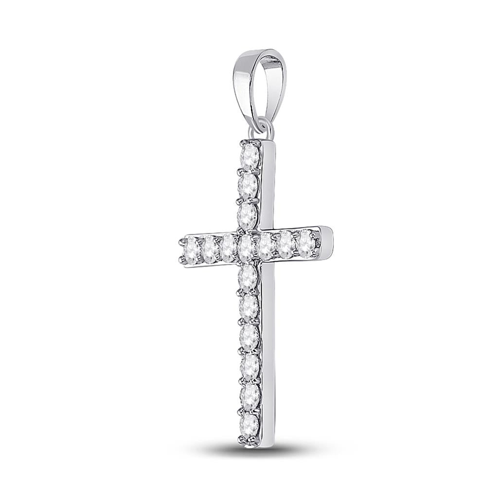 14k White Gold Round Diamond Cross Pendant 1/2 Cttw