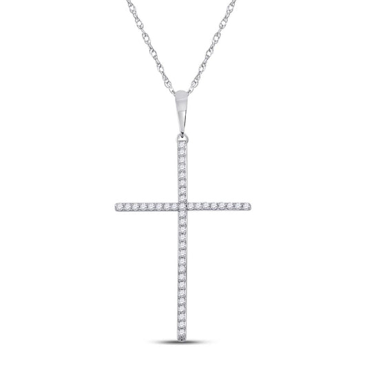 14k White Gold Round Diamond Cross Pendant 1/6 Cttw