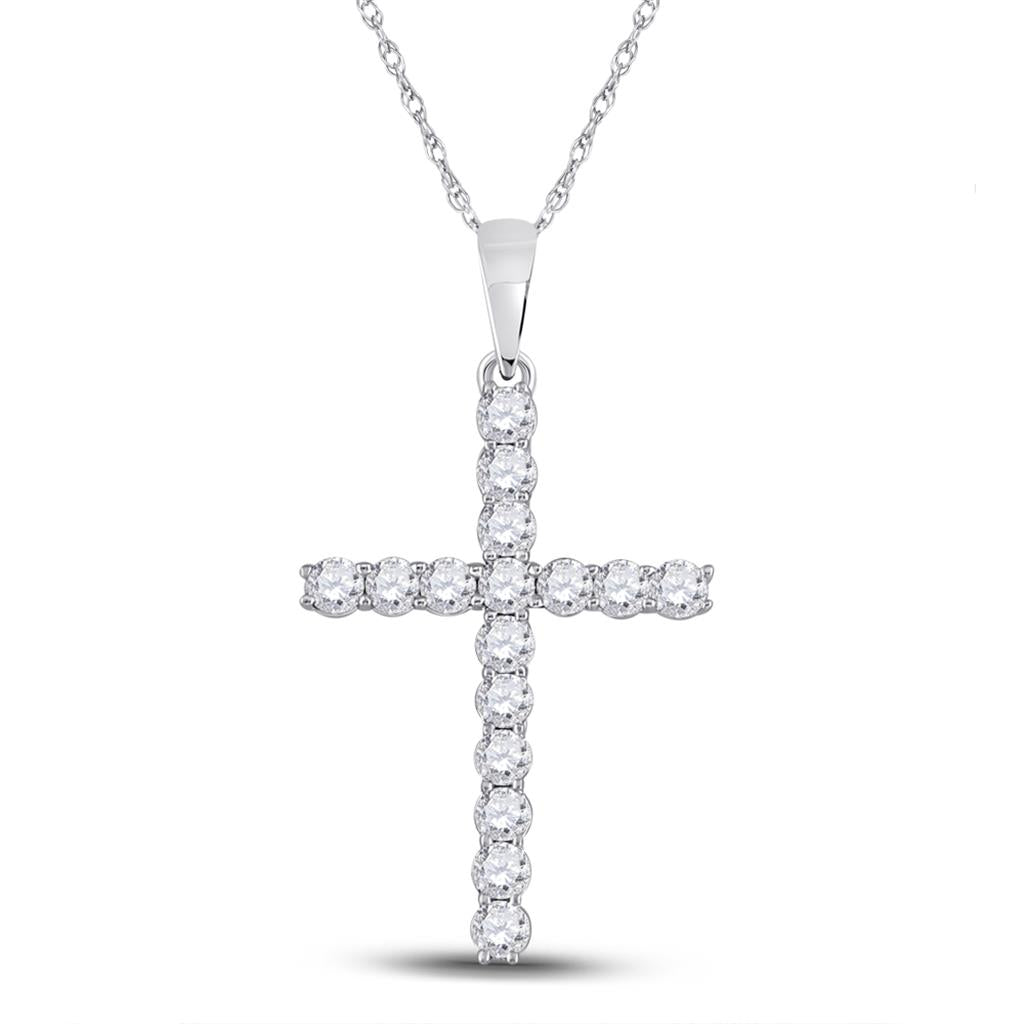 14k White Gold Round Diamond Cross Pendant 1/2 Cttw