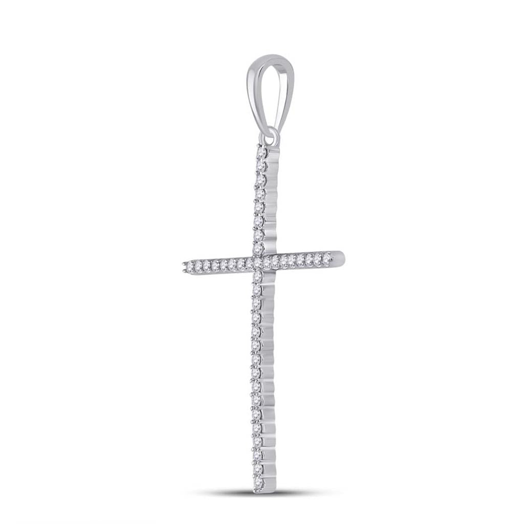 14k White Gold Round Diamond Religious Cross Pendant 1/6 Cttw