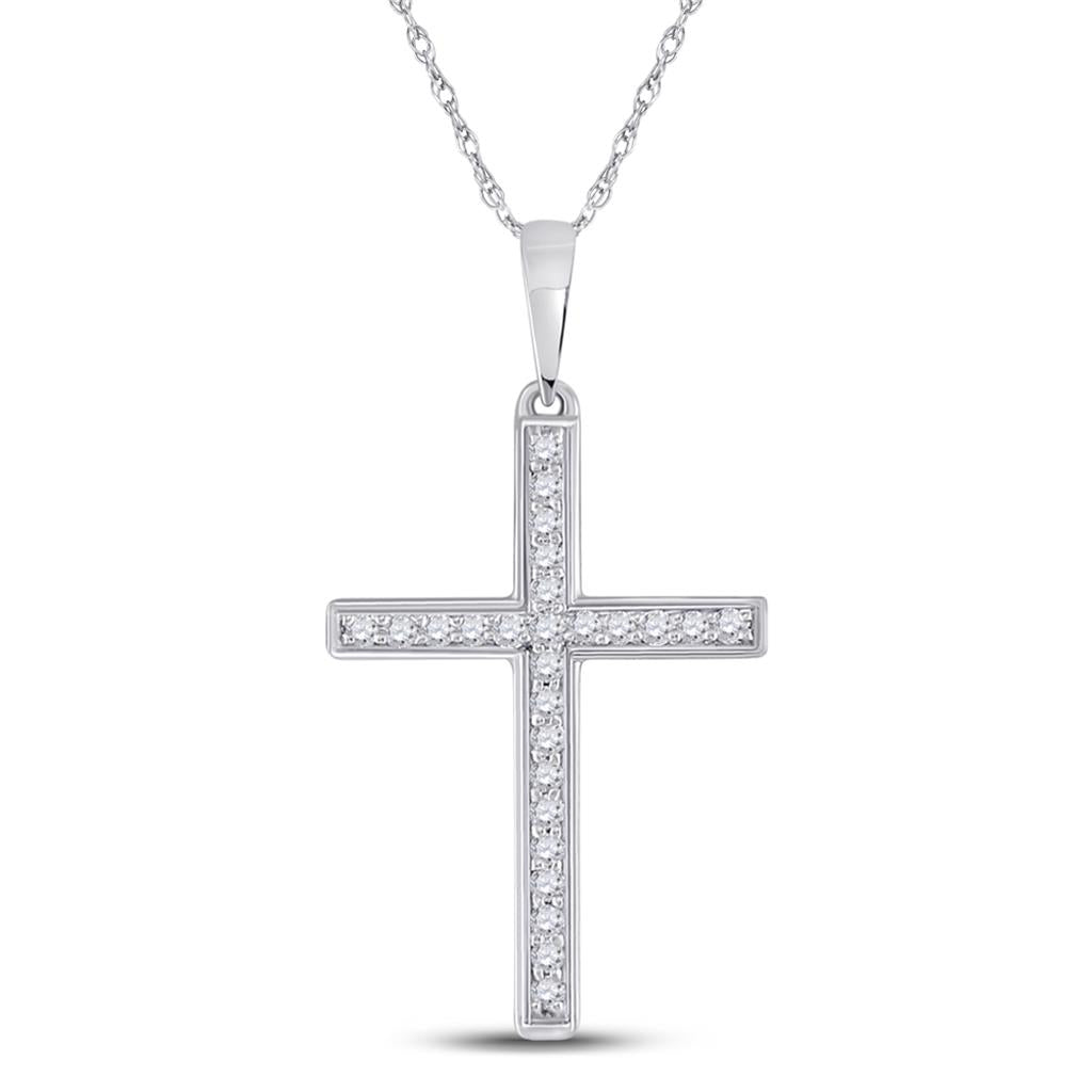 14k White Gold Round Diamond Cross Pendant 1/8 Cttw