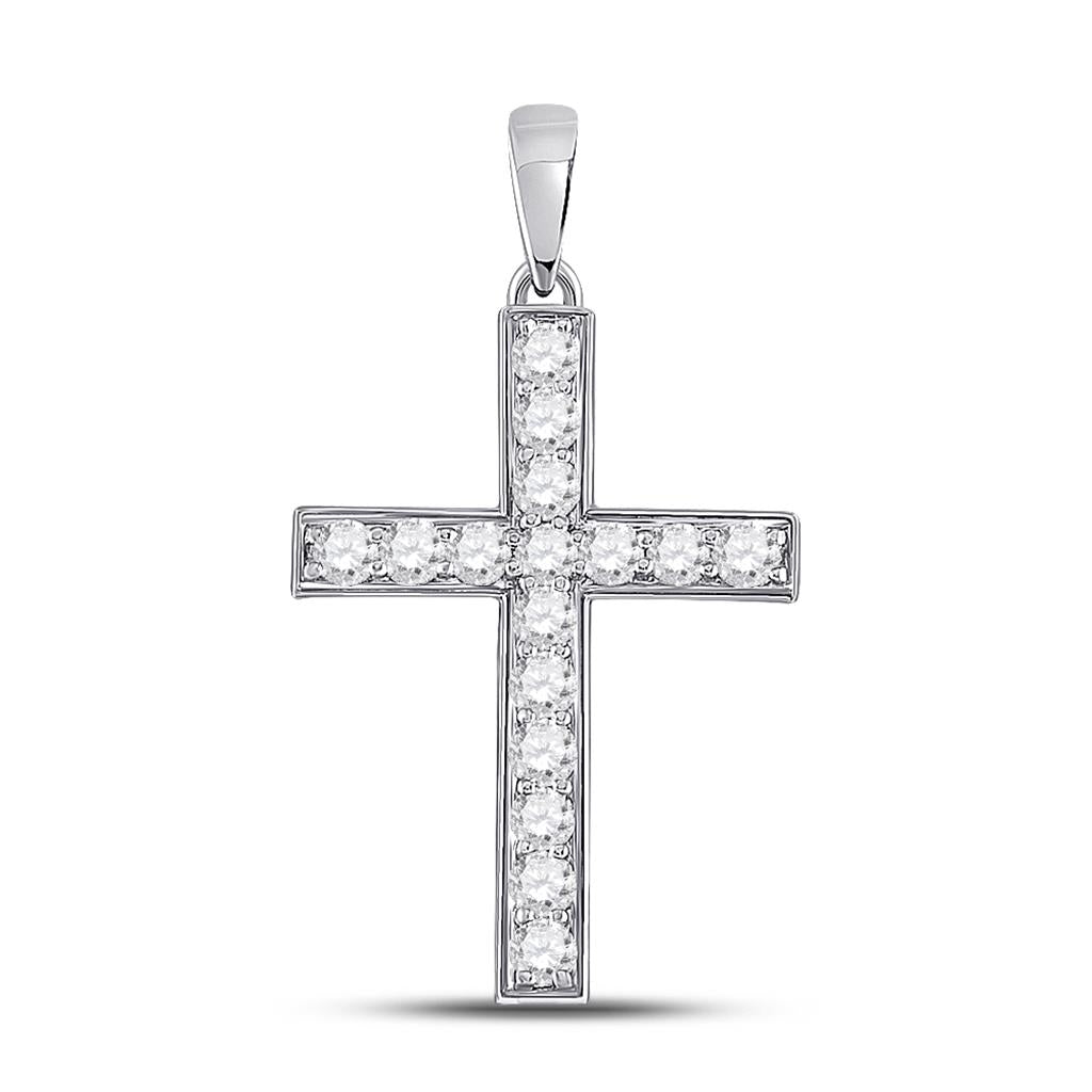 14k White Gold Round Diamond Cross Pendant 1/2 Cttw