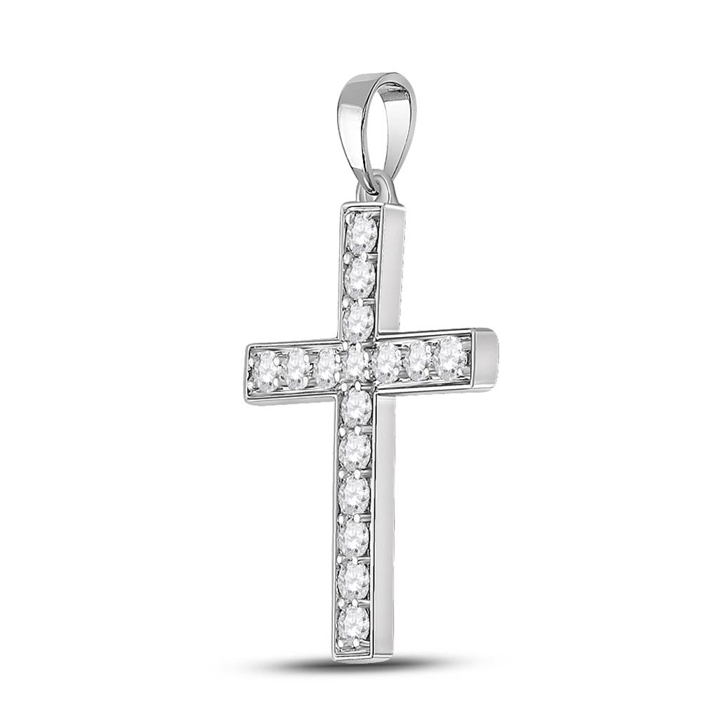 14k White Gold Round Diamond Cross Pendant 1/2 Cttw