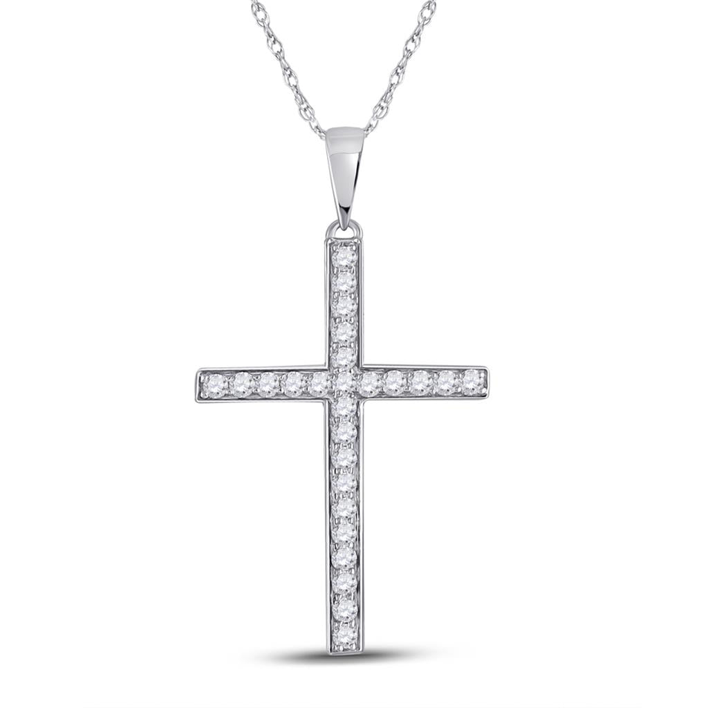 14k White Gold Round Diamond Religious Cross Pendant 1/3 Cttw