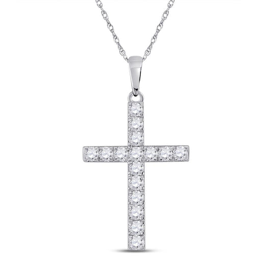 14k White Gold Round Diamond Cross Pendant 1/2 Cttw