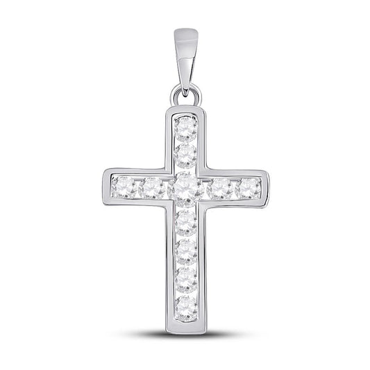 14k White Gold Round Diamond Cross Pendant 1/2 Cttw