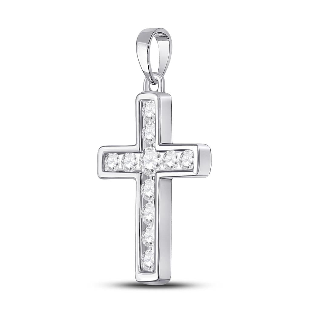 14k White Gold Round Diamond Cross Pendant 1/2 Cttw