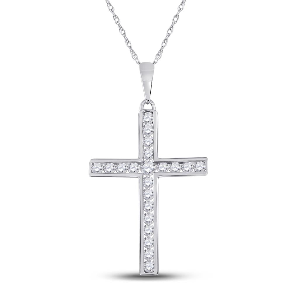 14k White Gold Round Diamond Cross Pendant 1/2 Cttw