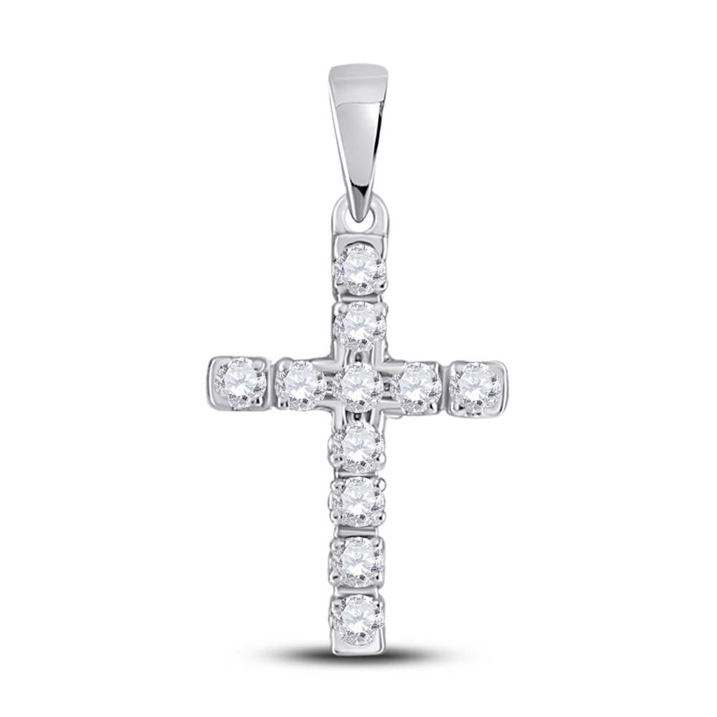 14k White Gold Round Diamond Religious Cross Pendant 1/5 Cttw