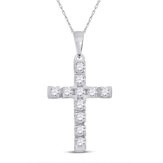 14k White Gold Round Diamond Cross Pendant 1/2 Cttw