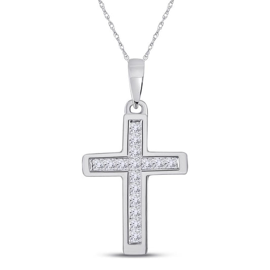 14k White Gold Princess Diamond Cross Pendant 1/6 Cttw