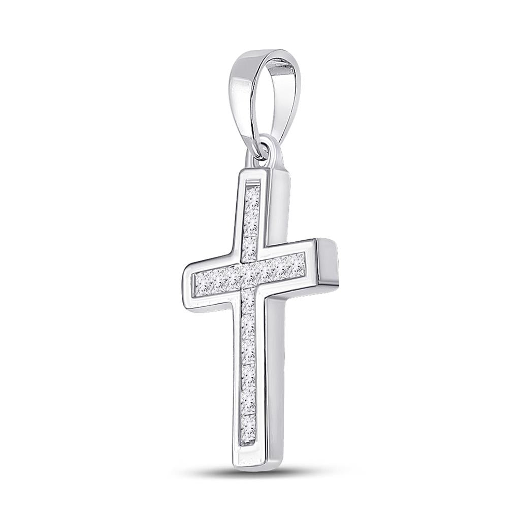 14k White Gold Princess Diamond Cross Pendant 1/6 Cttw