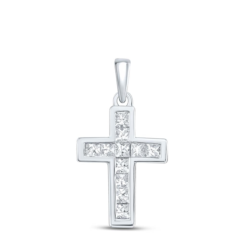 14k White Gold Princess Diamond Cross Pendant 1/4 Cttw