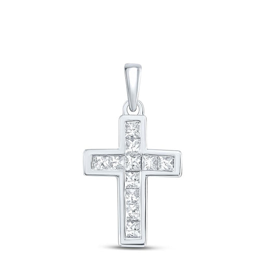 14k White Gold Princess Diamond Cross Pendant 1/4 Cttw