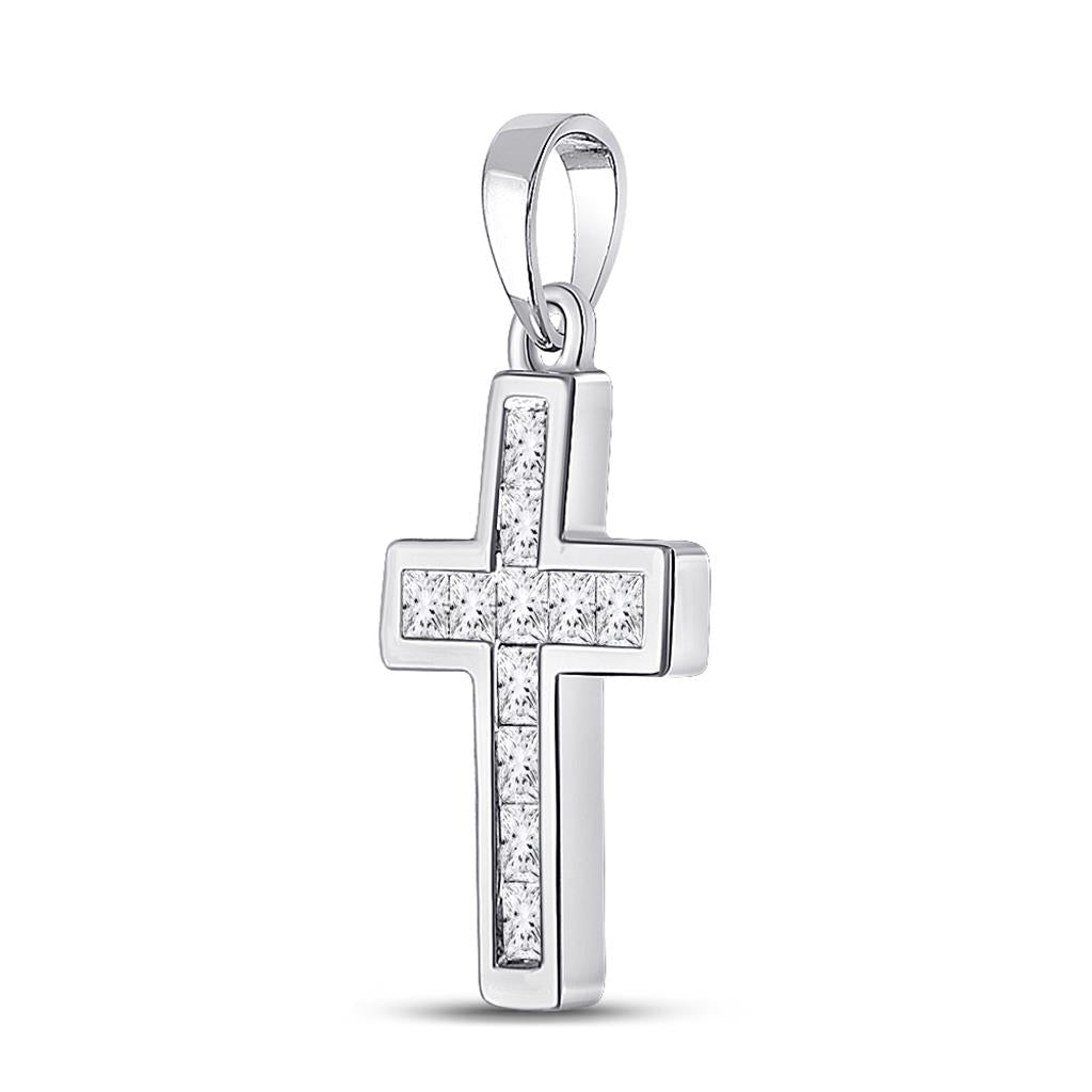 14k White Gold Princess Diamond Cross Pendant 1/4 Cttw