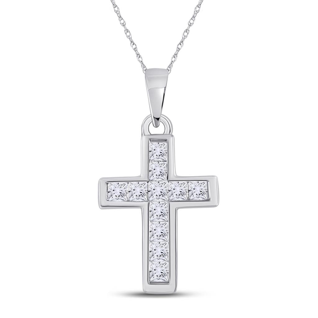 14k White Gold Princess Diamond Cross Pendant 1/4 Cttw