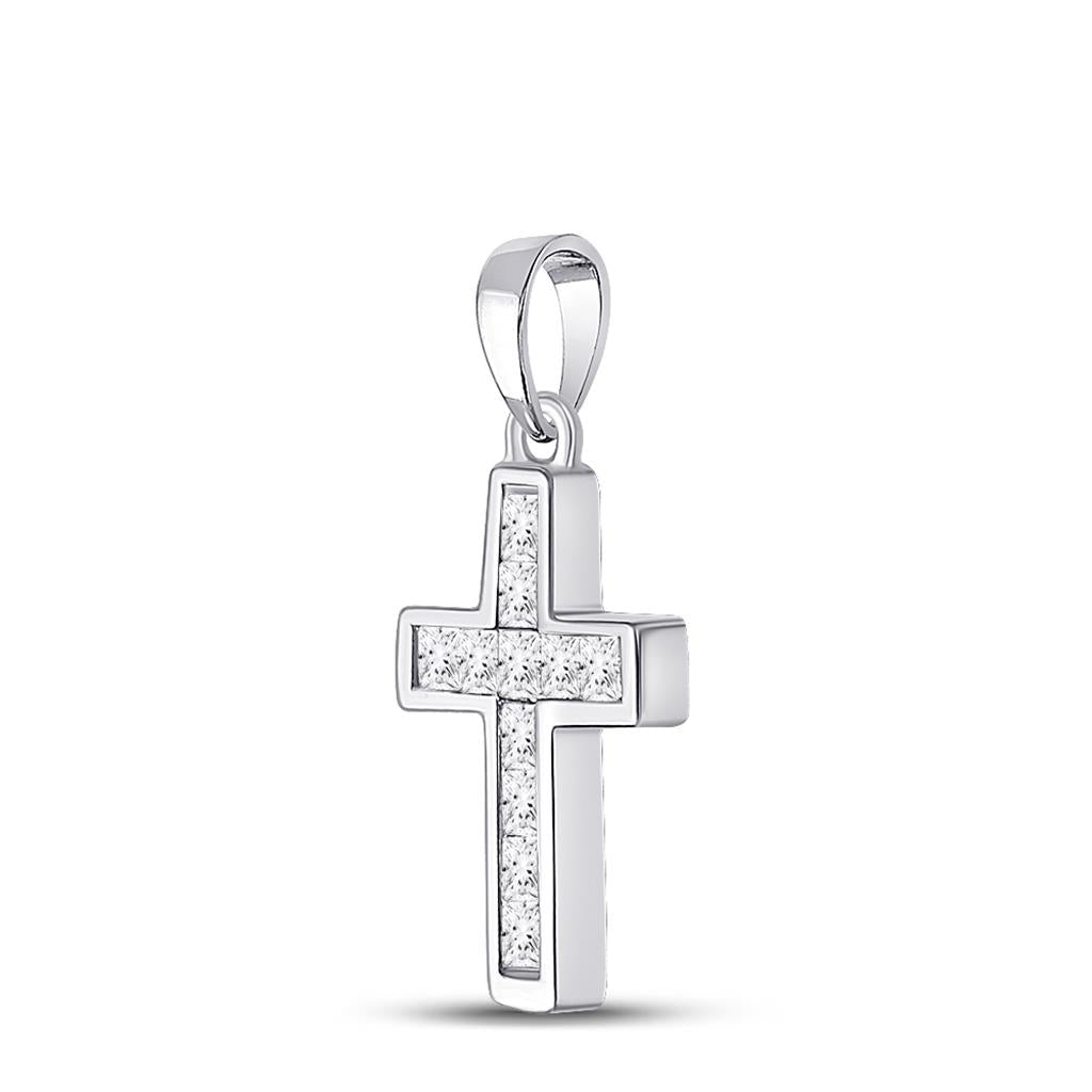 14k White Gold Princess Diamond Cross Pendant 1/4 Cttw