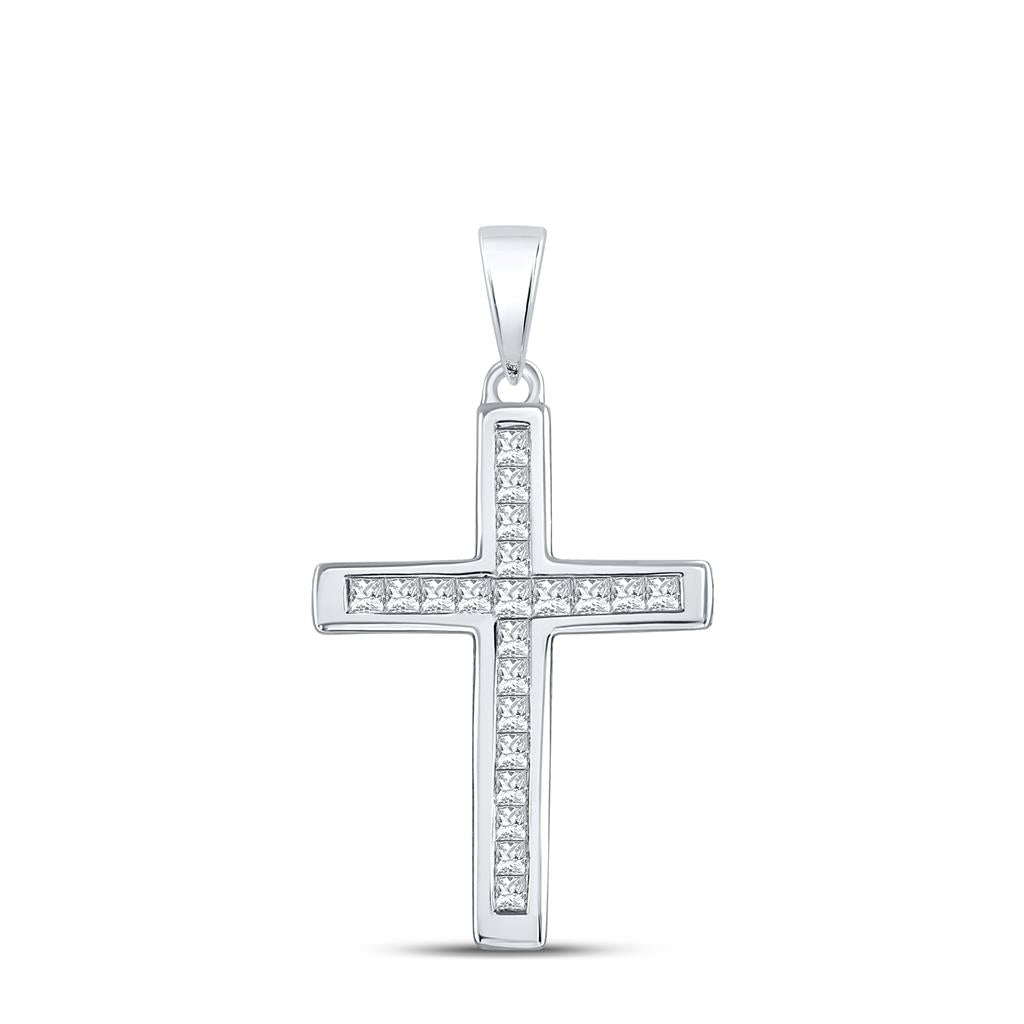 14k White Gold Princess Diamond Religious Cross Pendant 1/4 Cttw