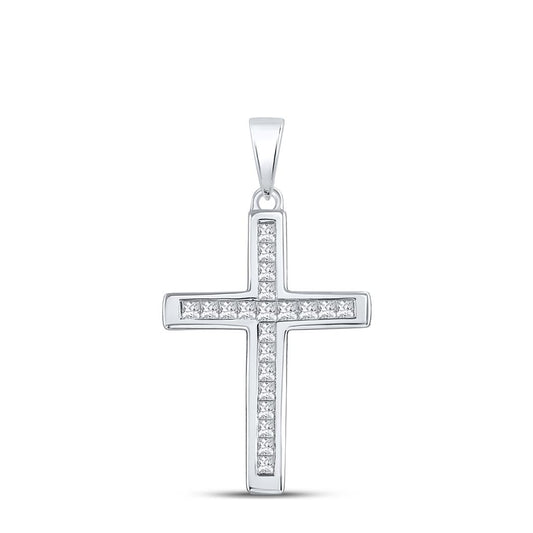 14k White Gold Princess Diamond Religious Cross Pendant 1/4 Cttw