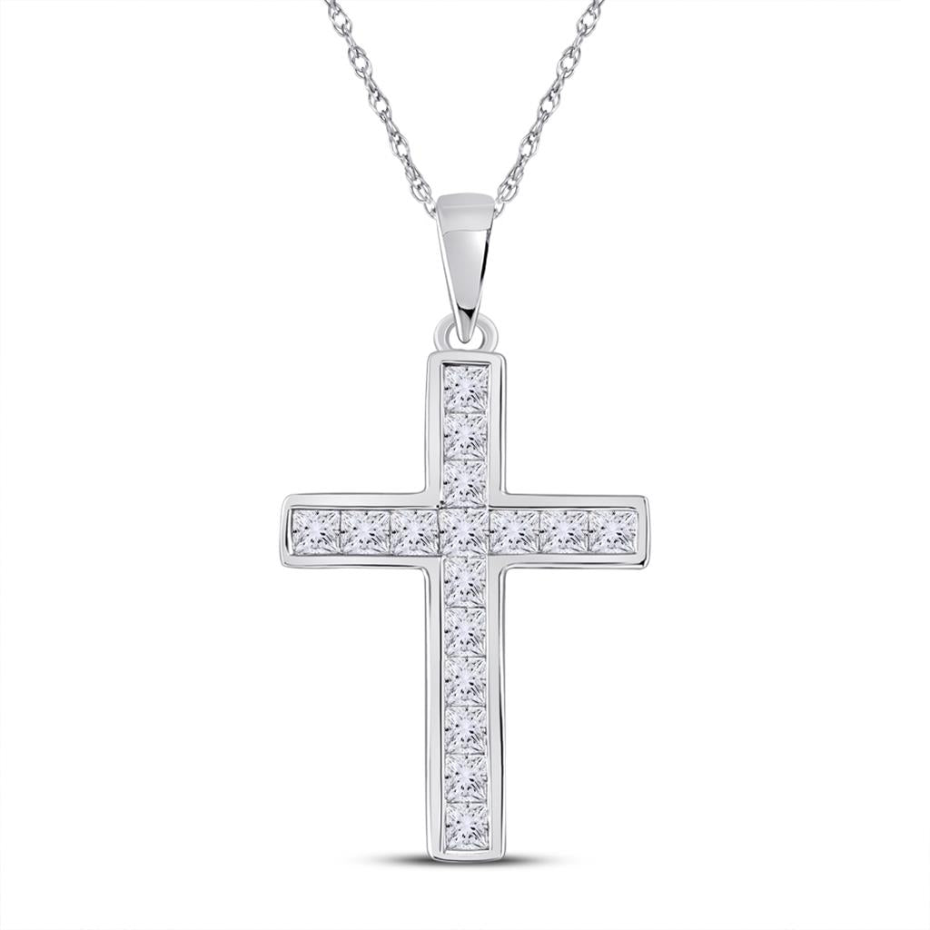 14k White Gold Princess Diamond Cross Pendant 5/8 Cttw