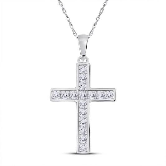 14k White Gold Princess Diamond Cross Pendant 5/8 Cttw