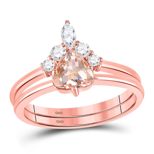 10k Rose Gold Trillion Morganite Solitaire Bridal Wedding Ring Set 7/8 Cttw