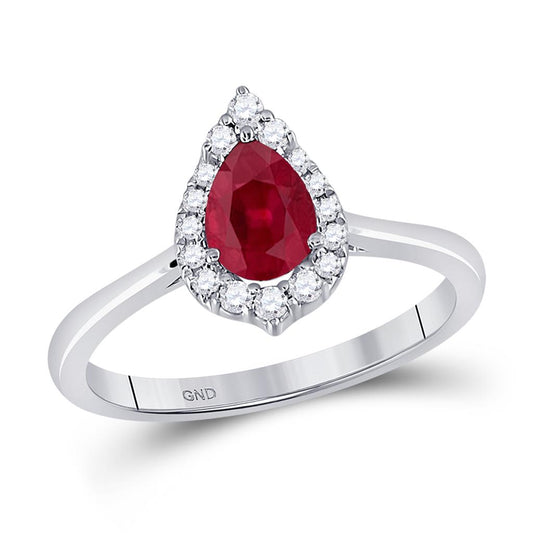 14k White Gold Pear Ruby Diamond Halo Fashion Ring 3/4 Cttw