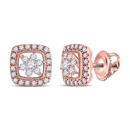 14k Rose Gold Round Diamond Floral Cluster Earrings 3/8 Cttw