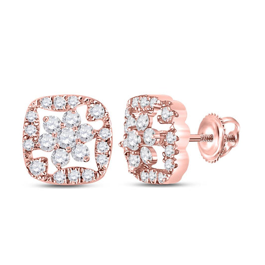 14k Rose Gold Round Diamond Square Floral Cluster Earrings 3/8 Cttw