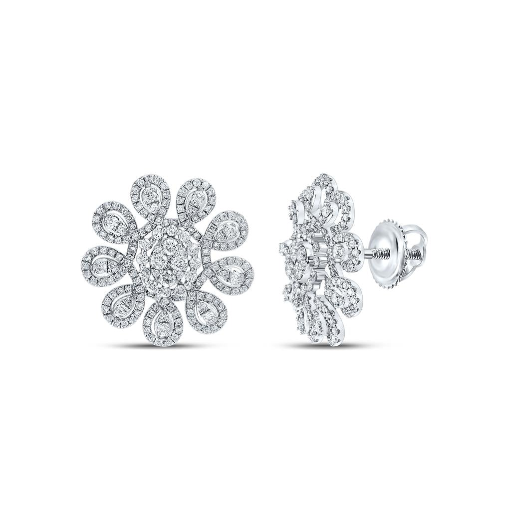 14k White Gold Round Diamond Starburst Cluster Earrings 1-7/8 Cttw