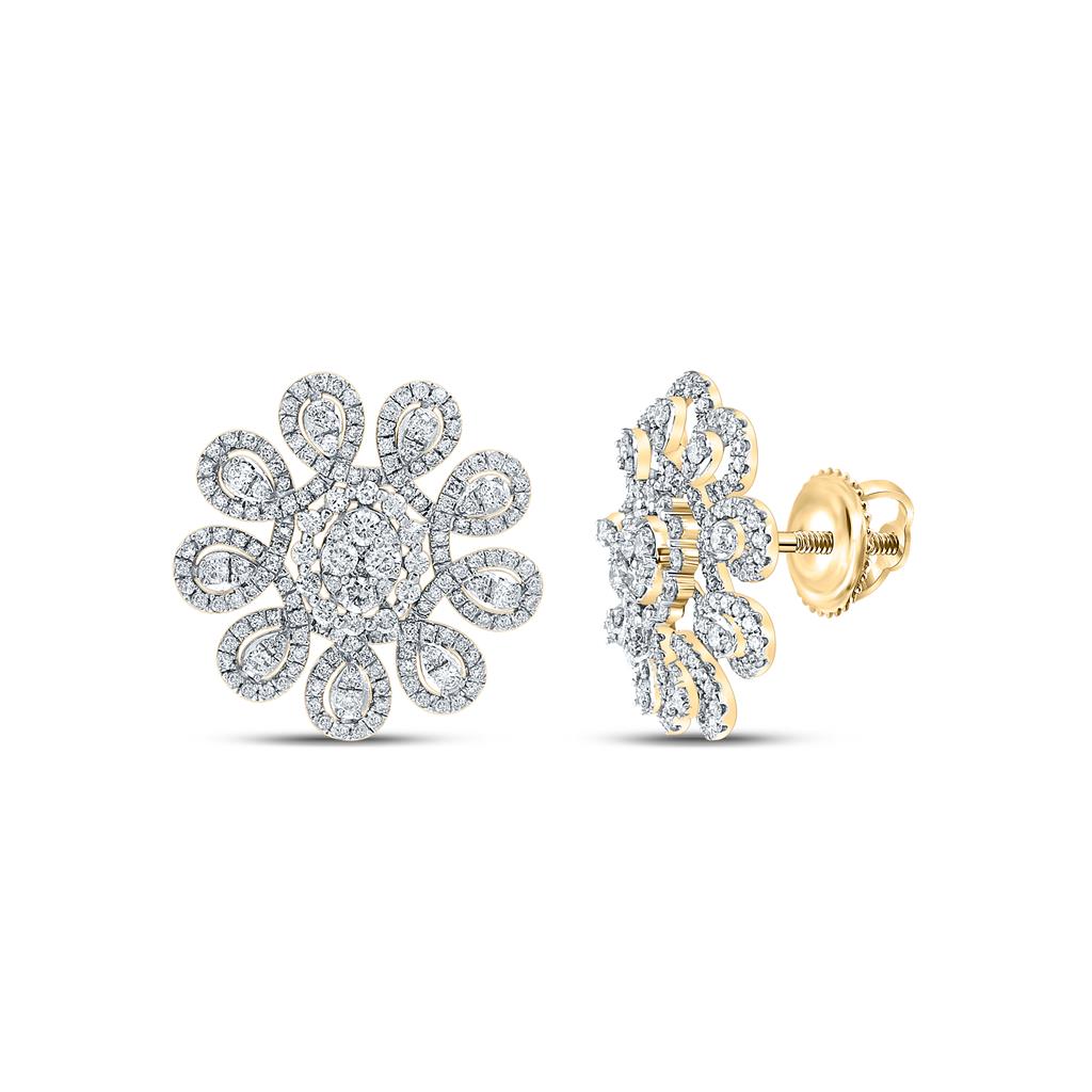 14k Yellow Gold Round Diamond Starburst Cluster Earrings 1-7/8 Cttw