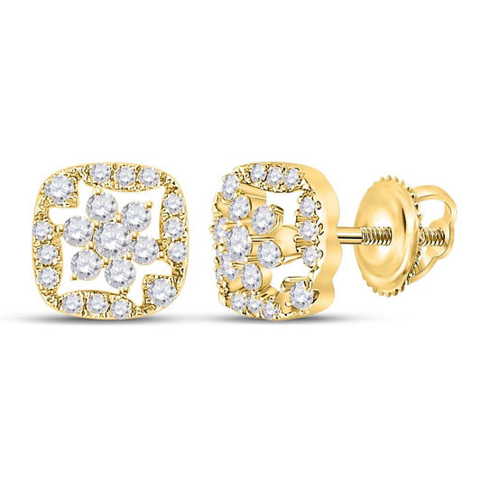 14k Yellow Gold Round Diamond Square Floral Cluster Earrings 3/8 Cttw