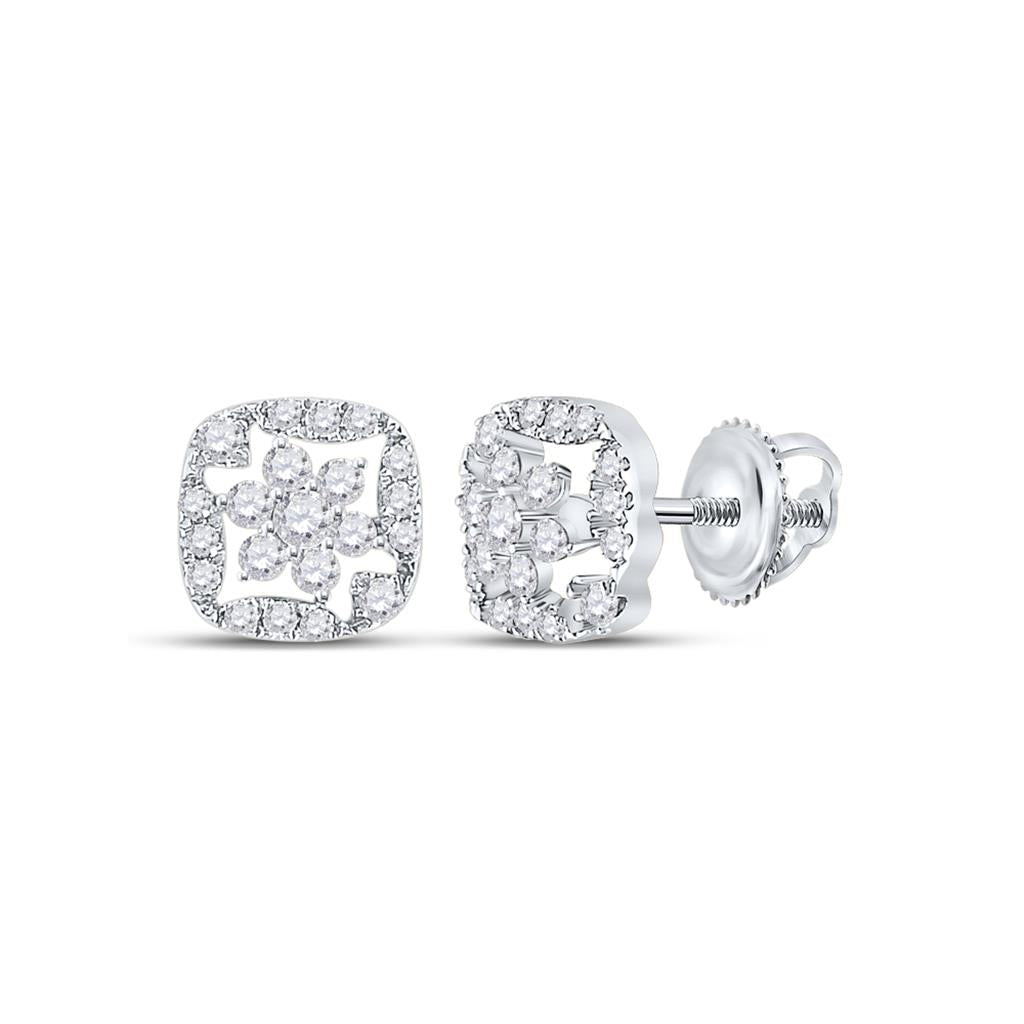 14k White Gold Round Diamond Square Floral Cluster Earrings 3/8 Cttw