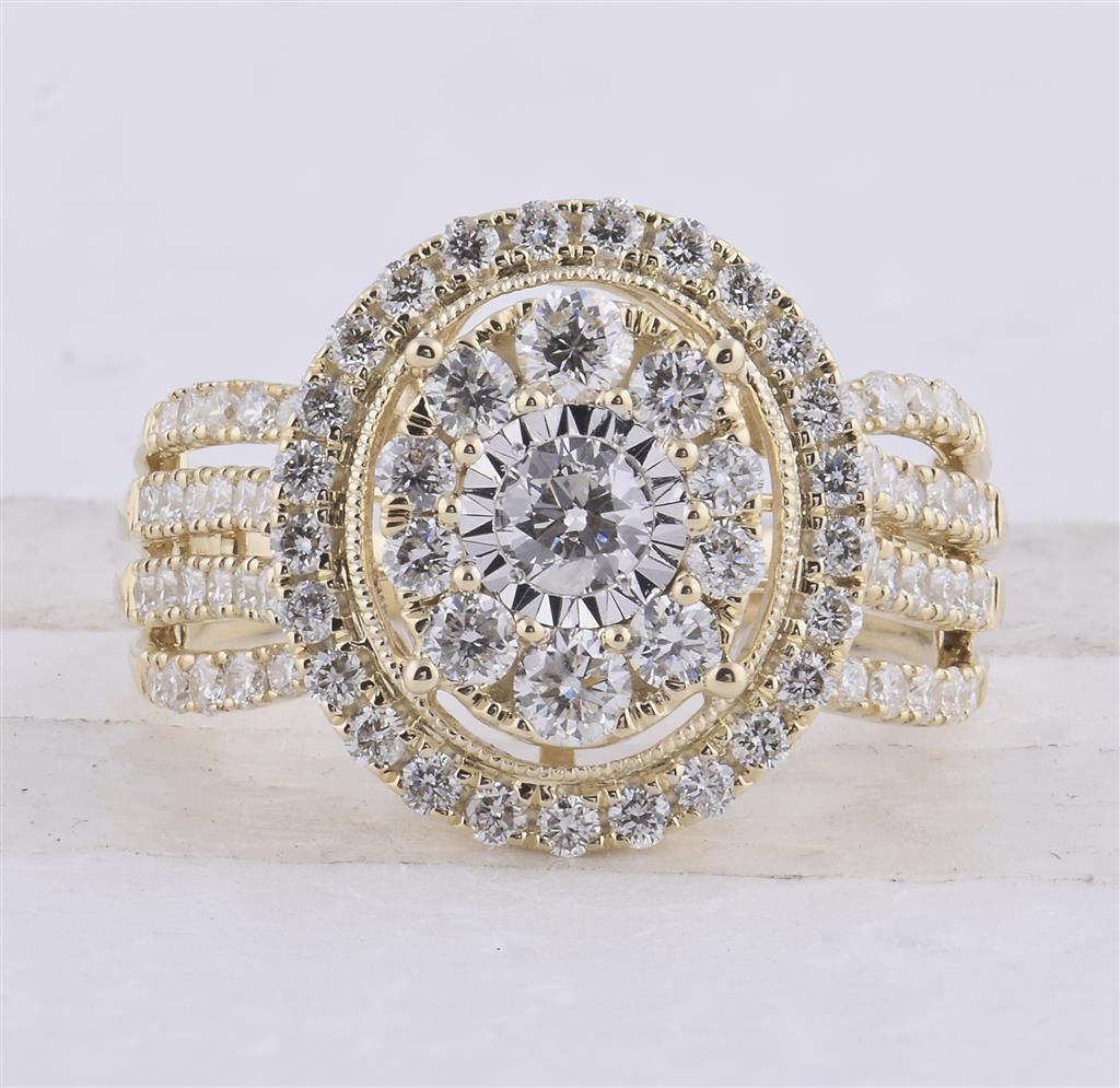 14k Yellow Gold Round Diamond Cluster Oval Bridal Engagement Ring 1-1/2 Cttw