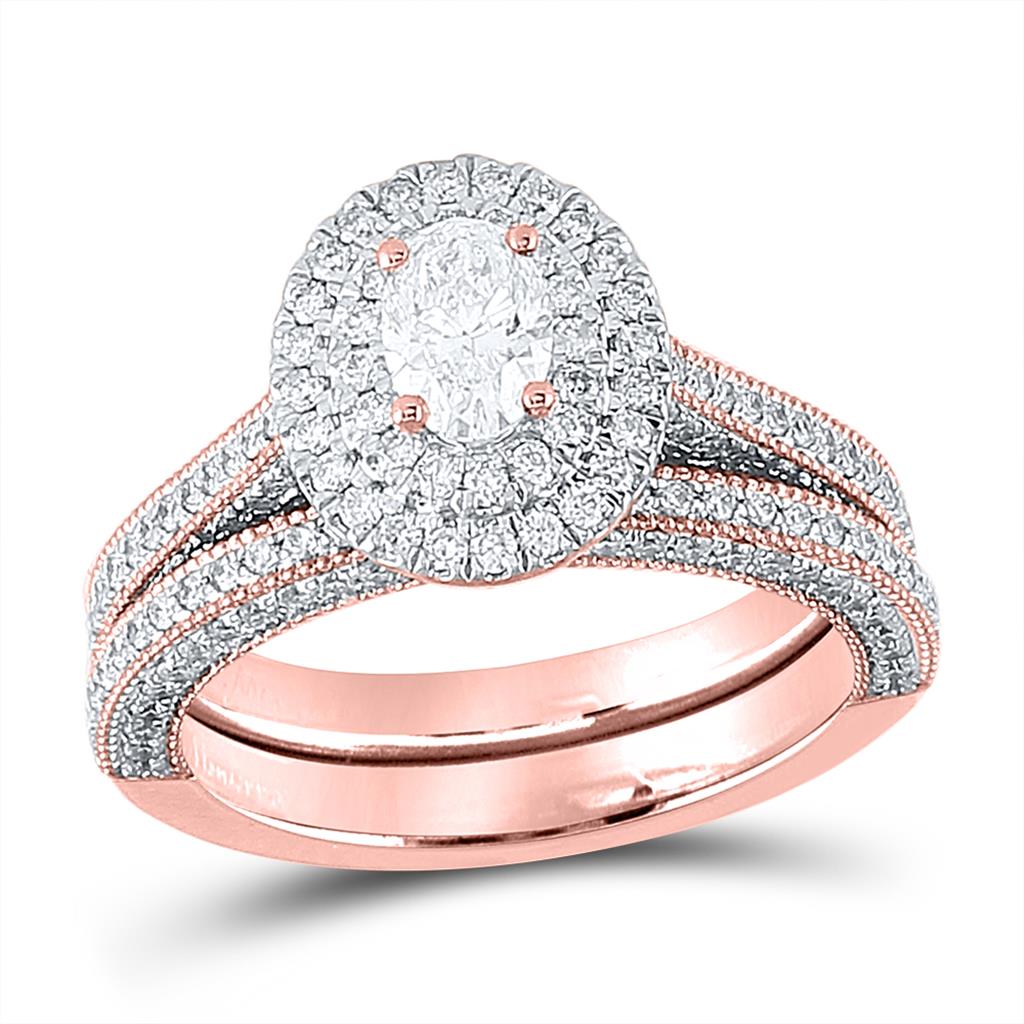 14k Rose Gold Oval Diamond Bridal Wedding Ring Set 1-5/8 Ctw (Certified)