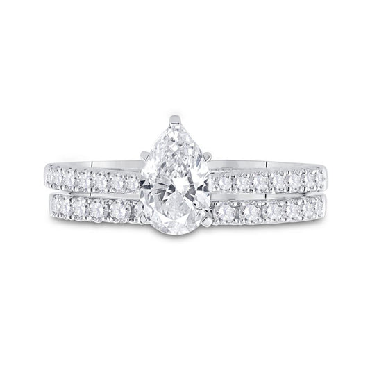 14k White Gold Pear Diamond Bridal Wedding Ring Set 1-1/4 Cttw (Certified)