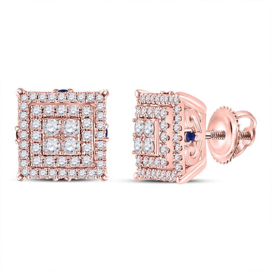 14k Rose Gold Round Diamond Blue Sapphire Square Earrings 1 Cttw