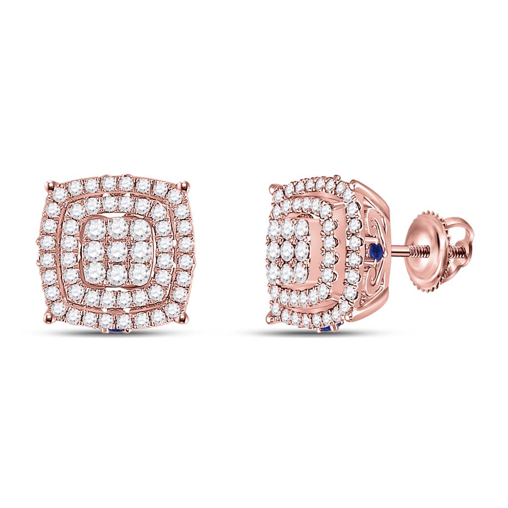 14k Rose Gold Round Diamond Blue Sapphire Square Earrings 7/8 Cttw