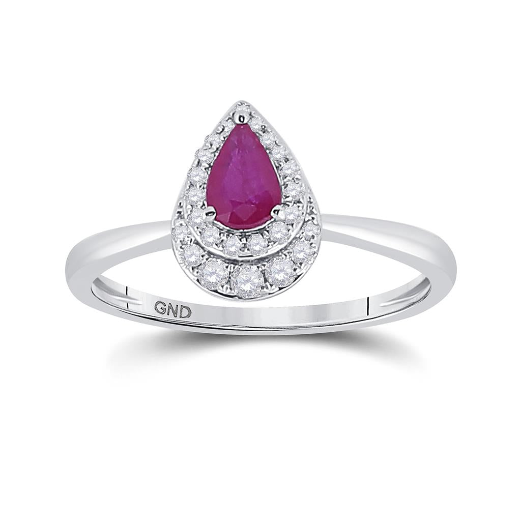 14k White Gold Pear Ruby Diamond Teardrop Halo Solitaire Ring 3/4 Cttw