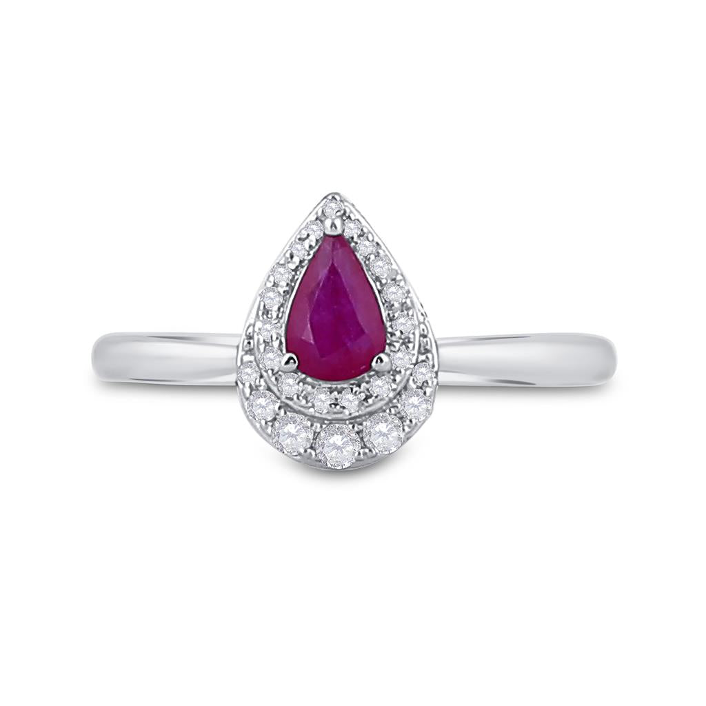 14k White Gold Pear Ruby Diamond Teardrop Halo Solitaire Ring 3/4 Cttw