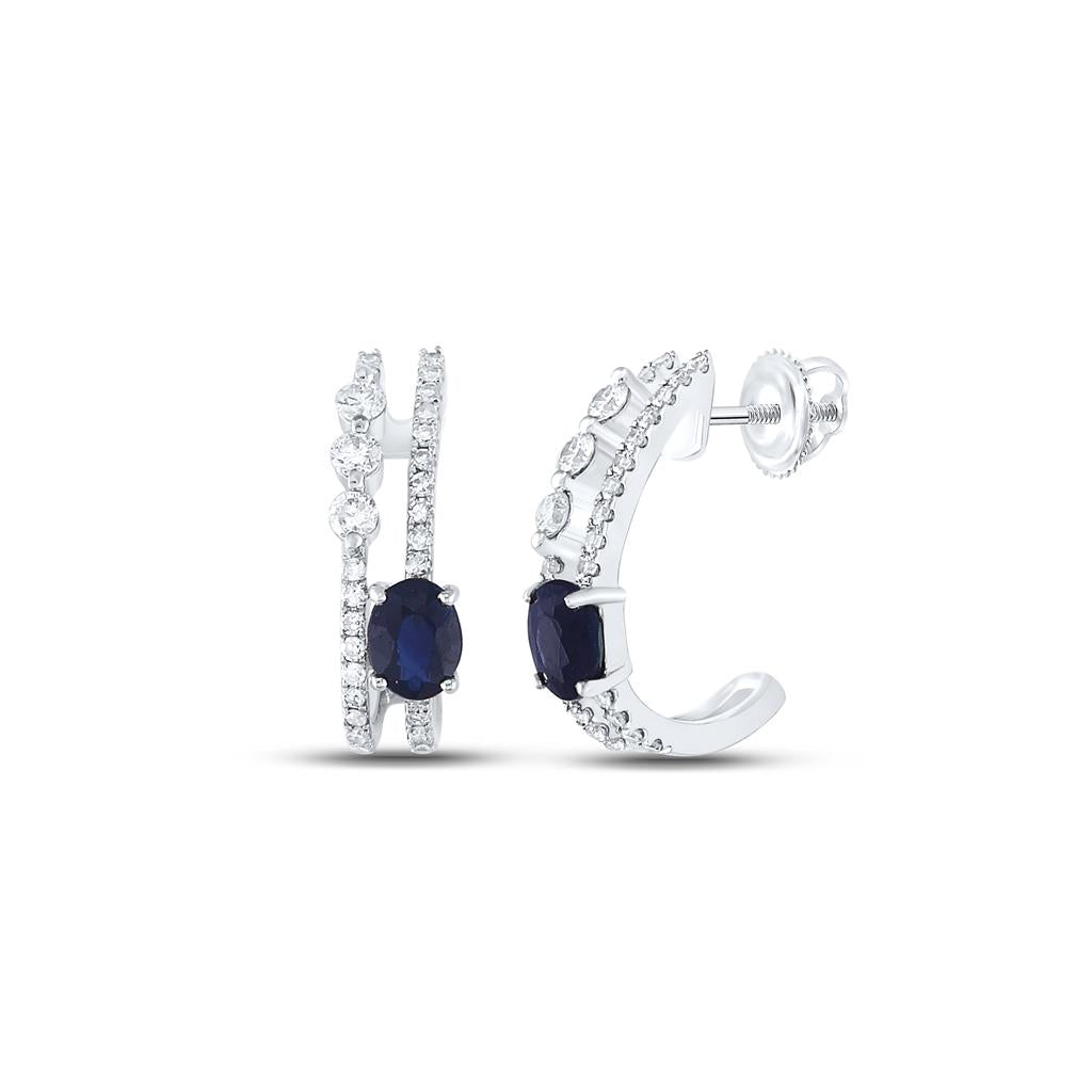 14k White Gold Oval Blue Sapphire Fashion J Hoop Earrings 3/4 Cttw