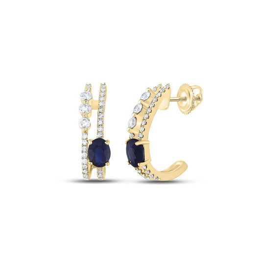 14k Yellow Gold Oval Blue Sapphire Diamond J Hoop Earrings 3/4 Cttw