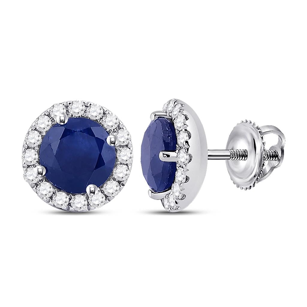 14k White Gold Round Blue Sapphire Diamond Halo Earrings 1-1/5 Cttw