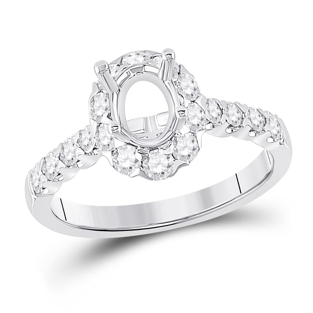 18k White Gold Round Diamond 1 Ct Oval Center Bridal Semi-Mount Ring 7/8 Ctw